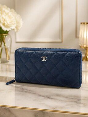 Chanel Blue Caviar Quilted Zip Around Wallet CC Logo Luxury Designer Authentic